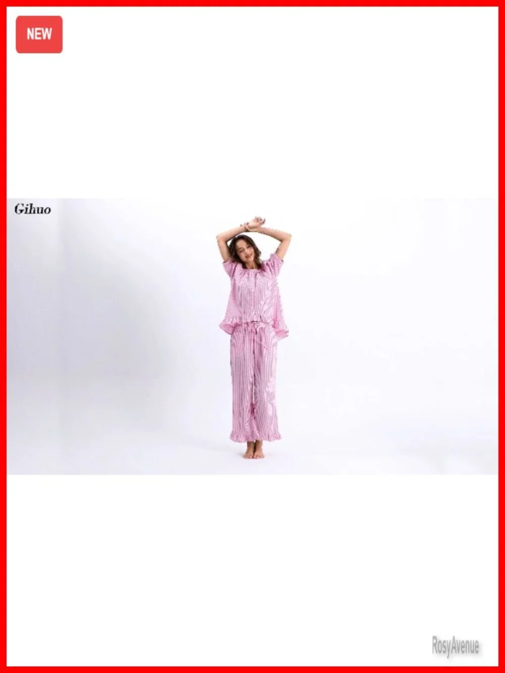 Women's Cotton Gingham Pajama Set 2 Piece Button Down Puff Sleeve Pants Lounge